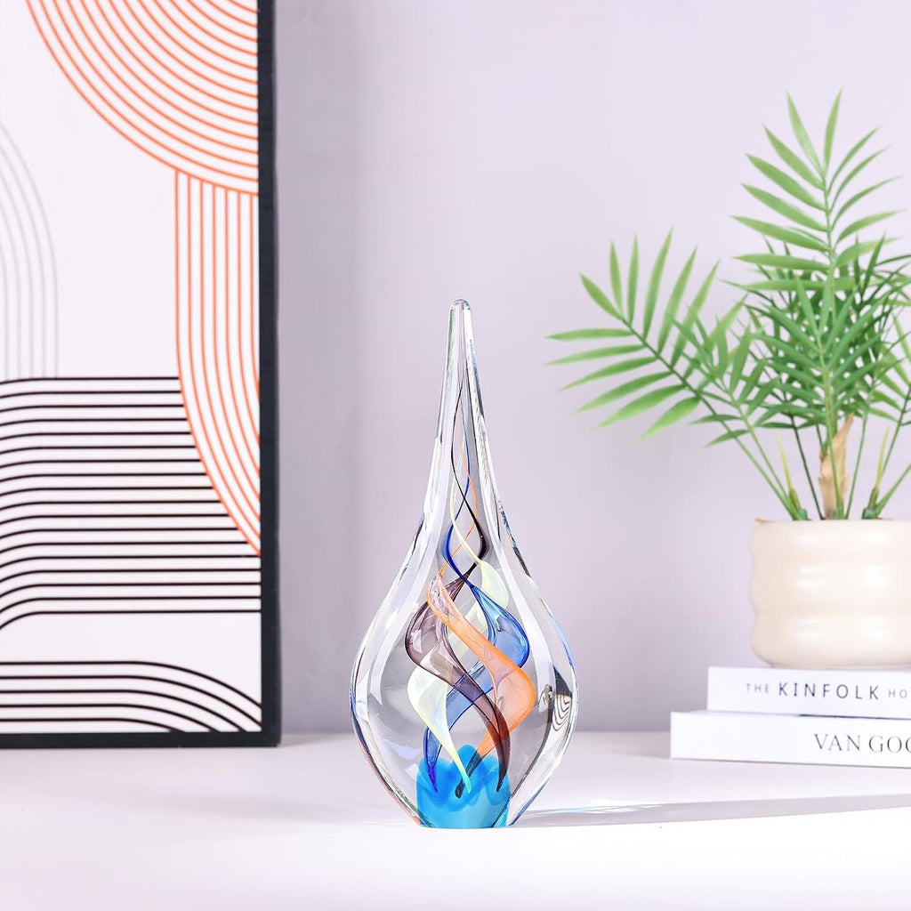 Blown glass sculpture, multi-color transparent glass art teardrop statue, unique ocean theme decoration, bookshelf - Set of 2