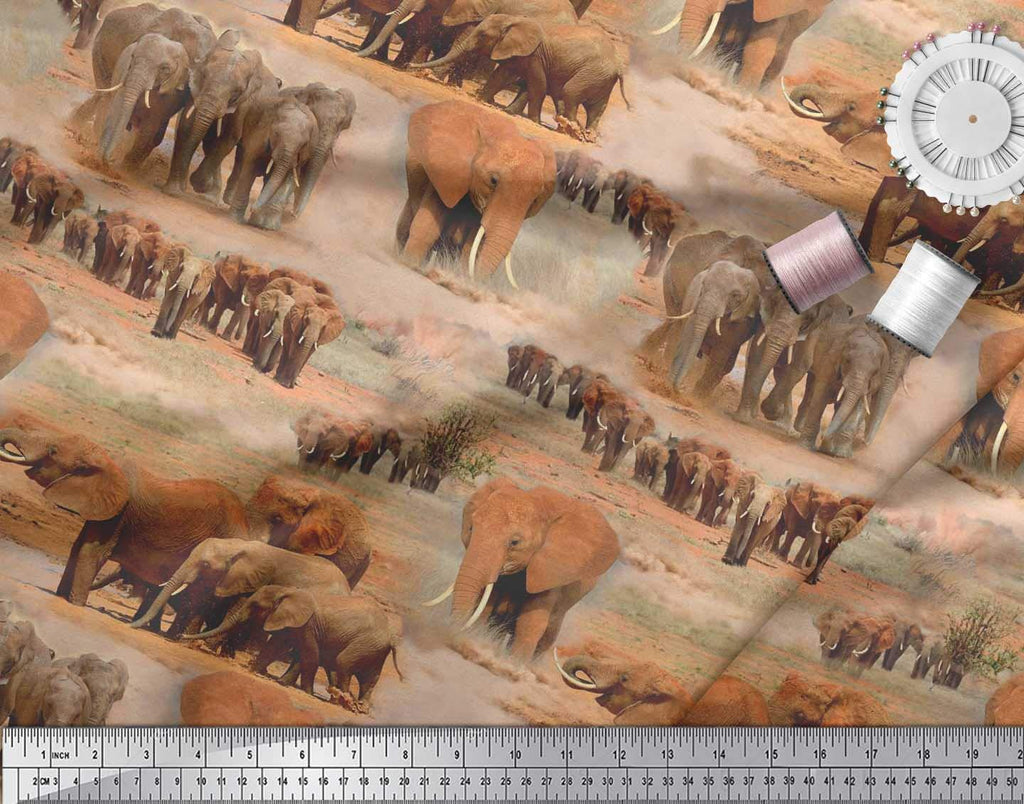 Cotton Jersey Orange Fabric - by The Yard - 58 Inch Wide - Tree & Elephant Animal Fusion Textile - Nature-Inspired