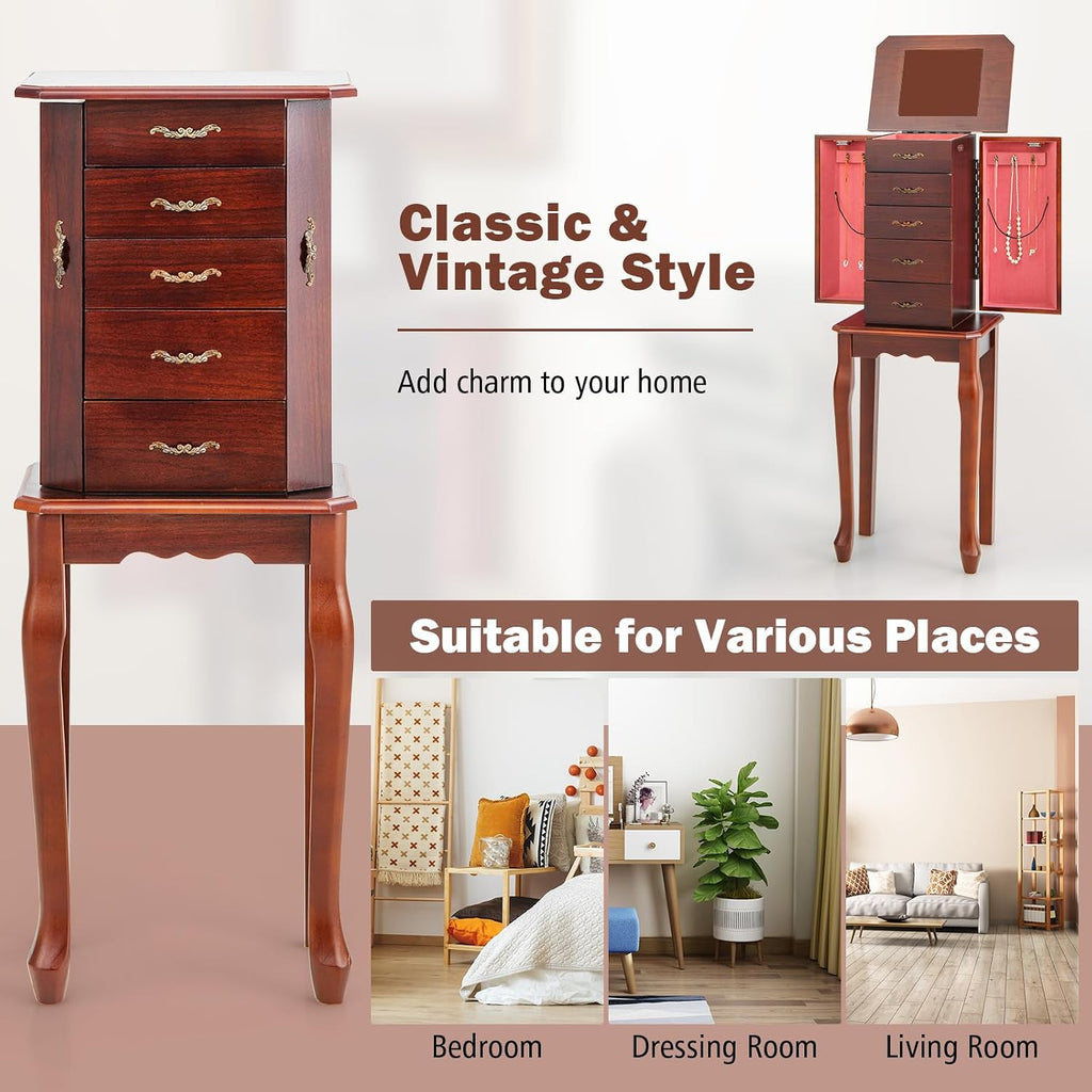 Wooden Jewelry Cabinet Armoire, 5-Tier Standing Jewelry Chest with Top Flip Makeup Mirror 4 Drawers 6 Necklace Hooks