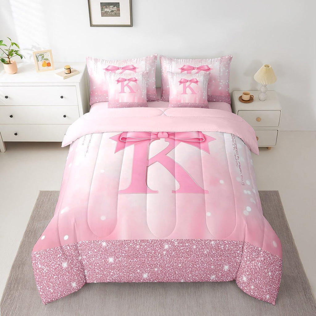 Kids Pink Bowknot 7 Pieces Bedding Set Full, Personalized Initial K Bed in A Bag Princess Glitter Comforter Set with