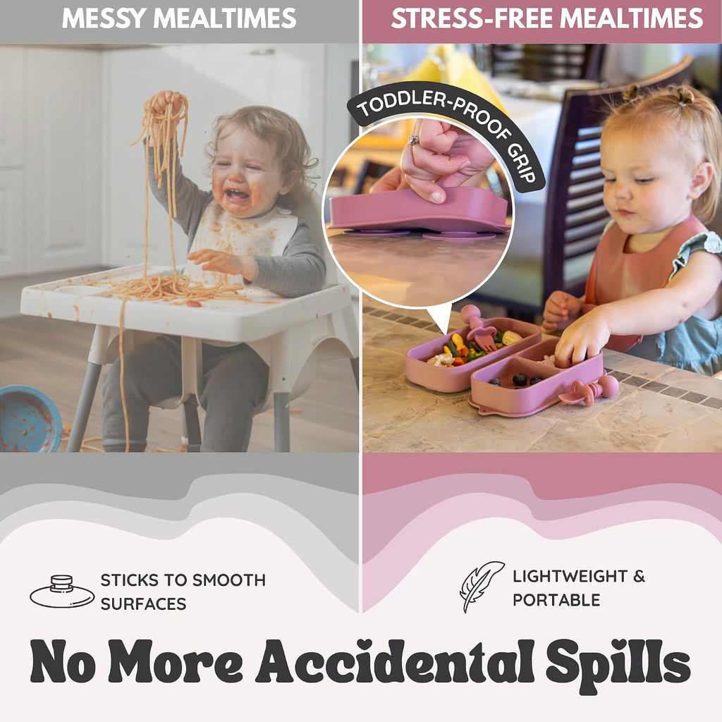 Travel Feeding Set with Silicone Suction Plates, Dark Pink Small
