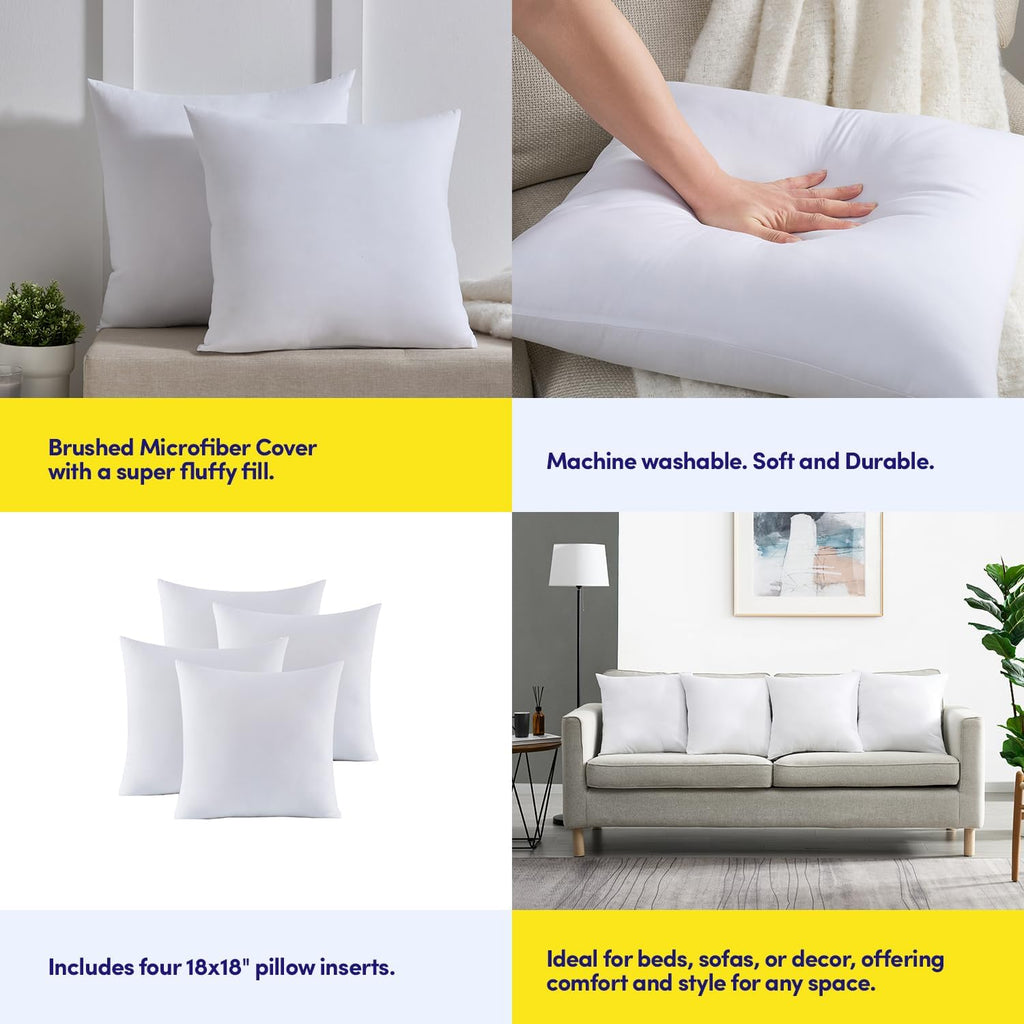 18X18 Pillow Inserts - Throw Pillow Set - Cushion Inserts for Decorative Throw Pillows Covers - Soft & Supportive - Set of 4