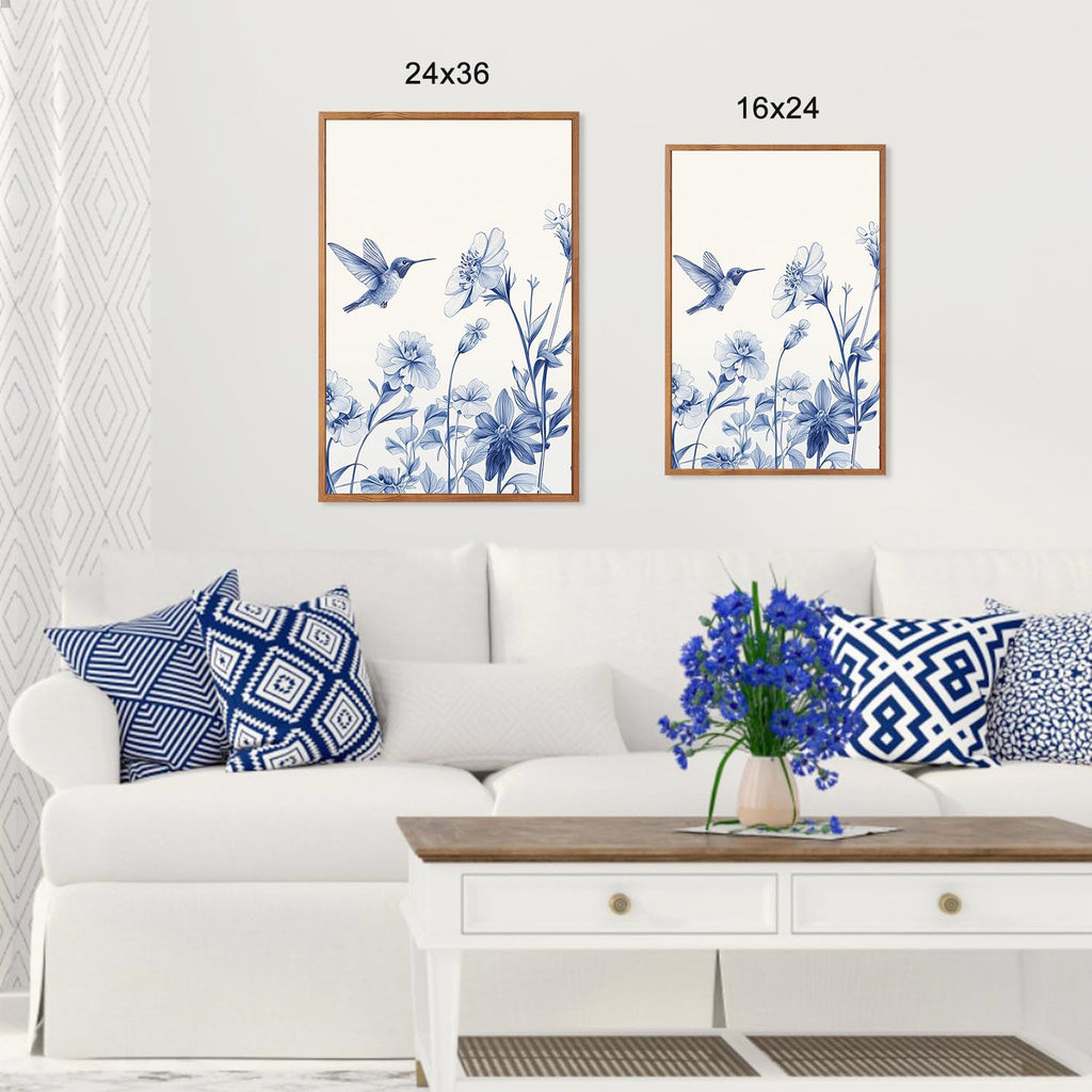 Vintage Blue Bird Flower Framed Canvas Wall Art, Large Chinoiserie Floral Wall Decor, Blue White Botanical Artwork Set