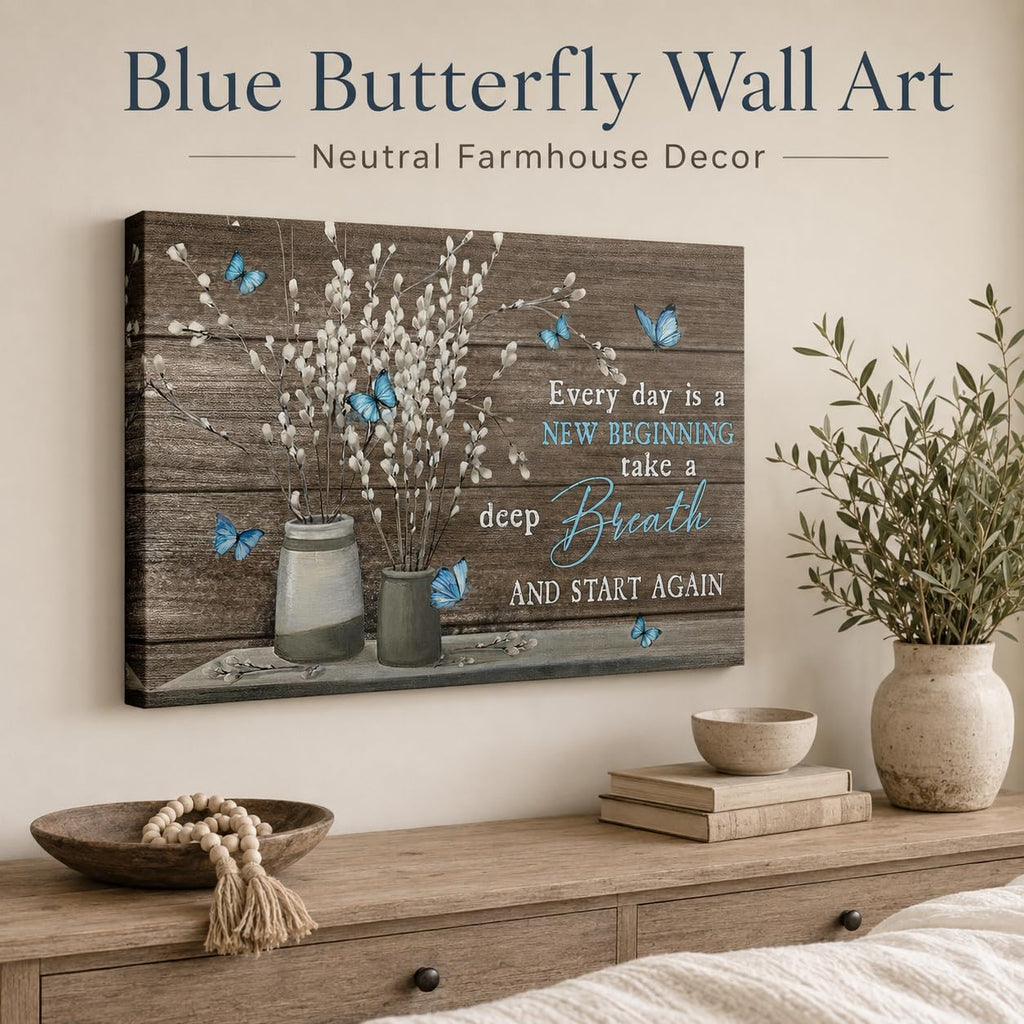 Farmhouse Bathroom Canvas Wall Art Vintage Rustic Country Flower Blue Butterfly Painting Picture Wall Decor Every day