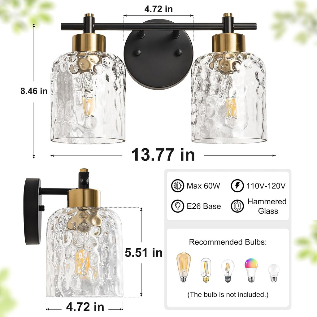 2 Light Black and Brass Vanity Light with Hammered Glass over Mirror Makeup | 13.7" Black and Gold Farmhouse Bathroom