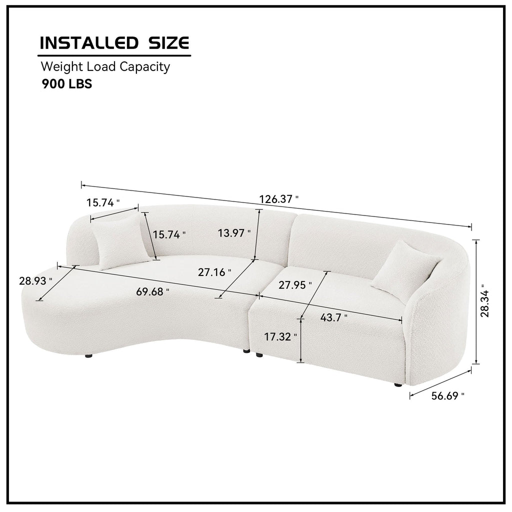 Curved Sectional, 127", 2-Piece, Chaise, Deep Seats, Boucle, Modern