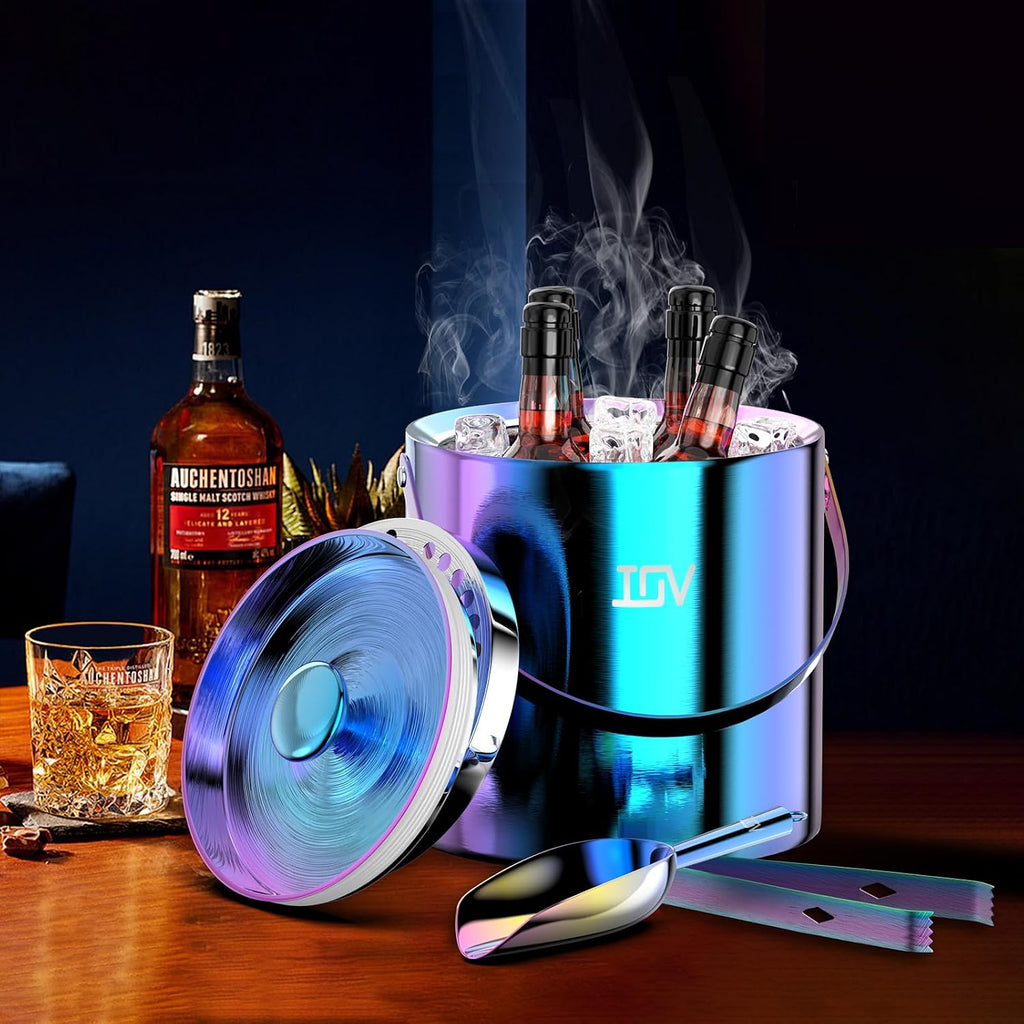 Ice Bucket with Lid, Scoop, Tongs, and Strainer, 3 L Stainless Steel Double Wall Insulated Ice Bucket for Parties