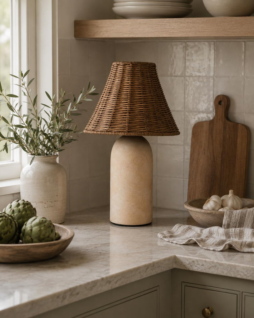 14" Small Mini Wicker Table Lamp - Handmade Ceramic Base with Rattan Shade, Dimmable Nightstand or Accent Light for