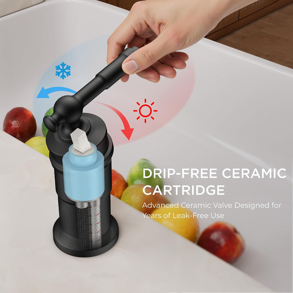 3 Hole Kitchen Faucet with Soap Dispenser, Matte Black | Stainless Steel Single Handle Rusitc Kitchen Sink Faucet