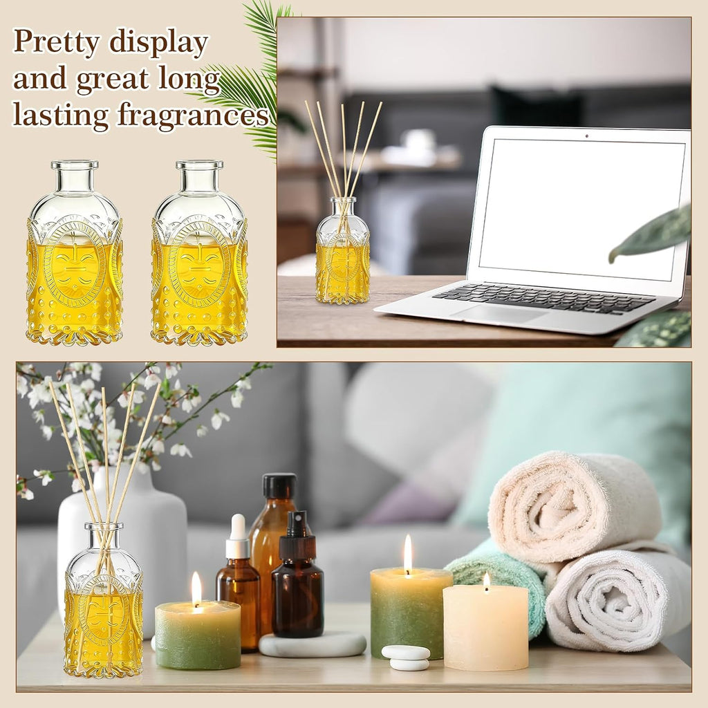 Set Glass Reed Diffusers Bottles Vintage Design Embossed Fleur - Set of 2