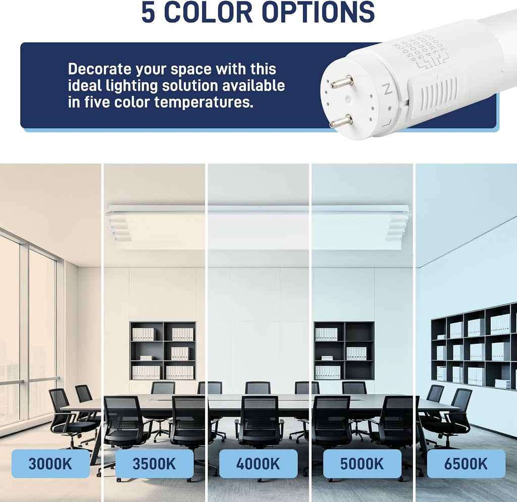 T8 LED Bulbs 4 Foot, 186LM/W, 5CCT 3000-6500K 14W 2600LM, Type A+B DLC 6.0