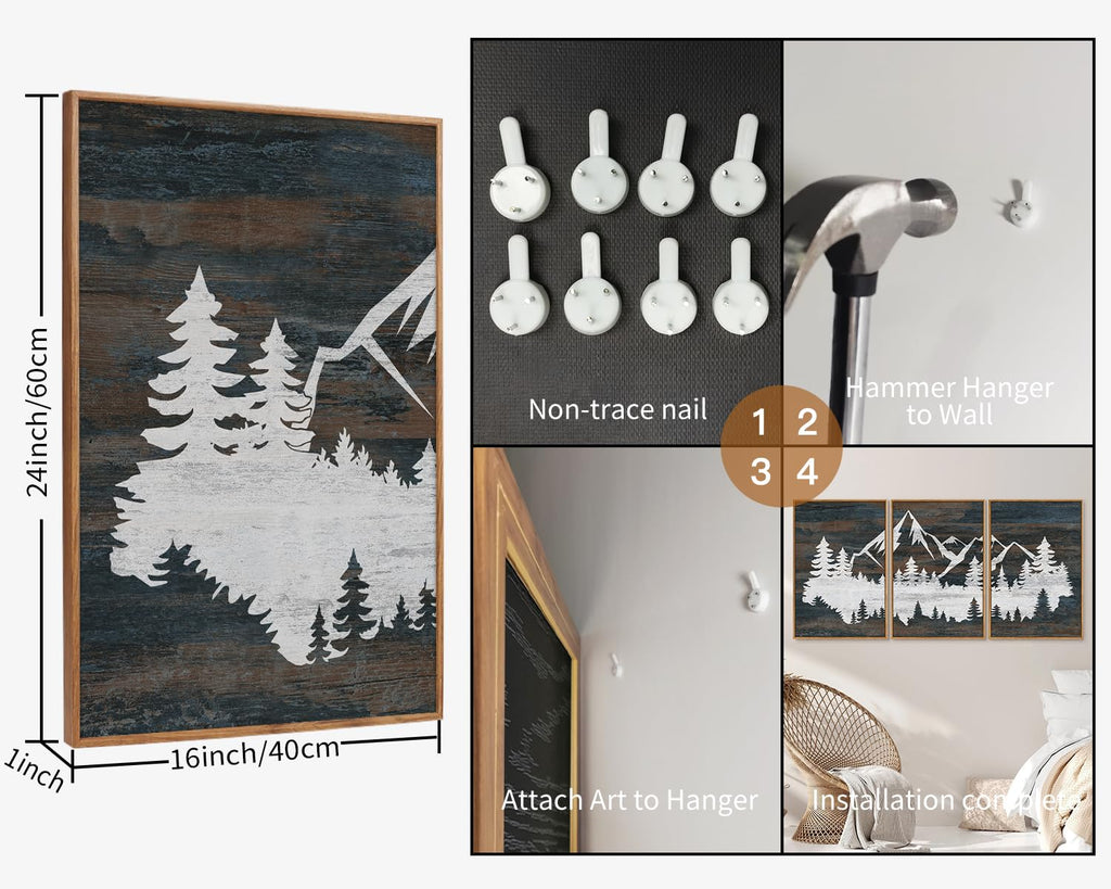 Vintage Mountain Framed Canvas Wall Art, White Snowy Nature Landscape Wall Decor, Rustic Wilderness Forest Art