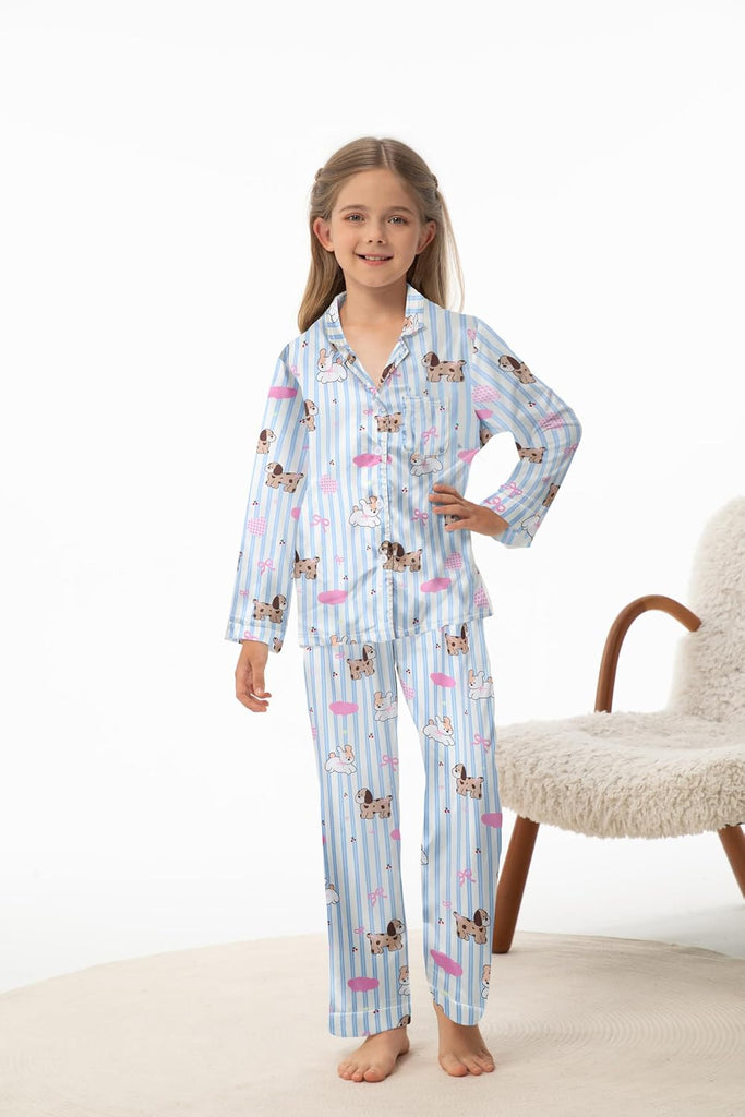 Girls Pajamas 3 Piece Satin Long Sleeve Long Pants with Shorts PJs Set for Girls Kids Sleepwear
