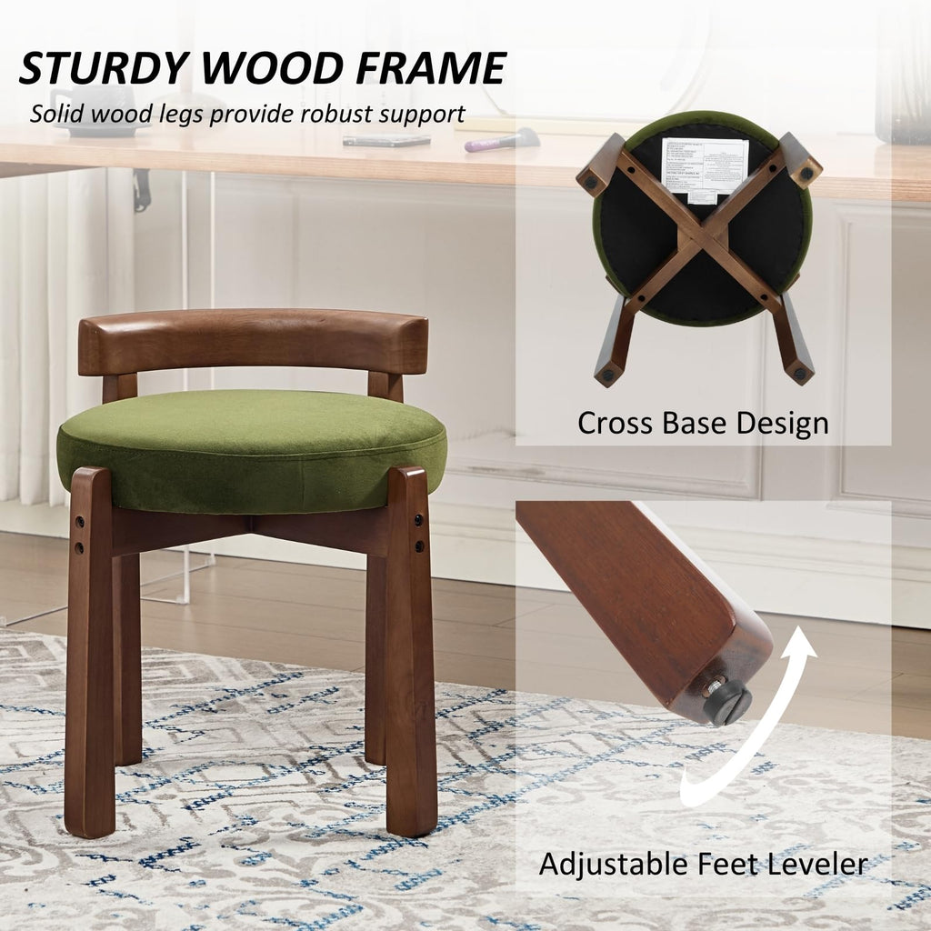 Wood Vanity Chair with Back Set of 2, Velvet Upholstered Small Ottoman Footstool, Mid-Century Modern Makeup Chair