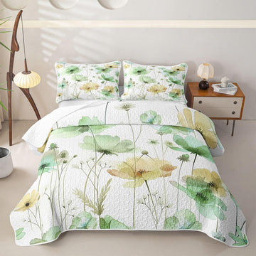 Watercolor Floral Quilted Bedspread Set Sage Flower Coverlet Set Modern Minimalist White Bed Set Farmhouse
