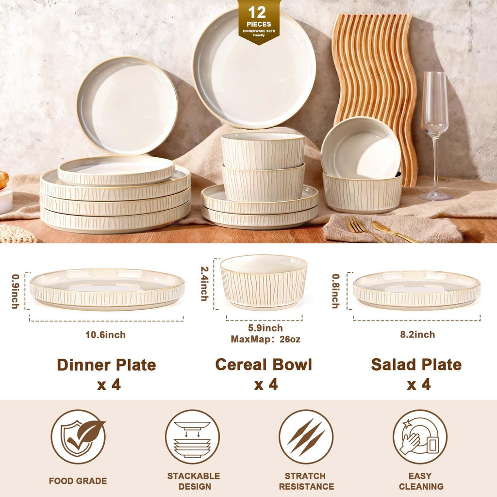 Reactive Glaze Ceramic Plates and Bowls Sets for 4, Stoneware Dinnerware Sets, Housewarming Gifts, Chip Resistant
