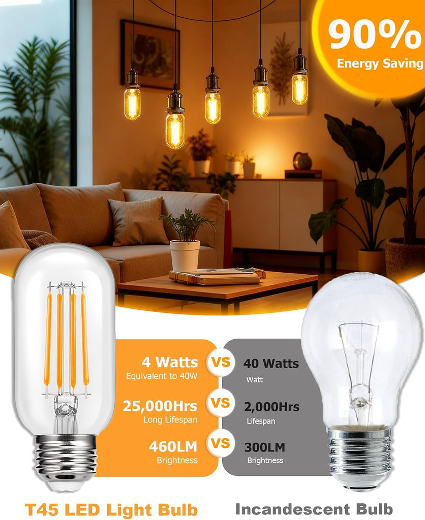 T45 4W LED Edison Bulbs E26 Base 40W Equivalent with Clear Glass