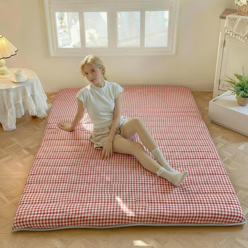 Red Gingham Japanese Floor Mattress, 3.5" Thick High Density Foam Futon Mattress, Foldable Tatami Sleeping Pad, Roll