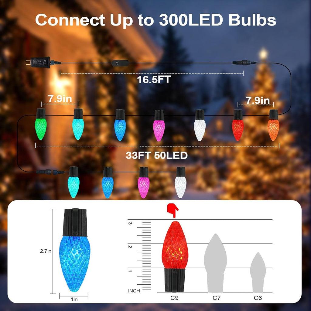 Smart C9 Christmas Outdoor Lights, 33FT 50 LEDs RGB String Lights, APP/Remote Control, DIY Modes & Music Sync, Color