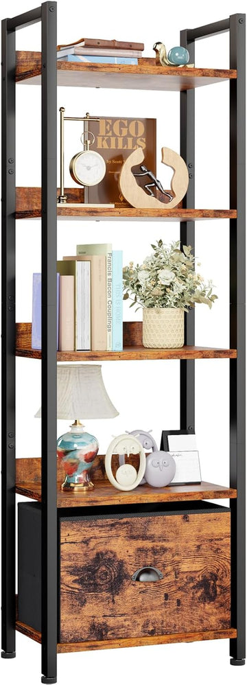 5 Tier Bookshelf with Drawer, Tall Narrow Bookcase with Shelves, Wood and Metal Bookshelves Storage Organizer