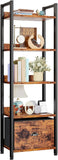 5 Tier Bookshelf with Drawer, Tall Narrow Bookcase with Shelves, Wood and Metal Bookshelves Storage Organizer