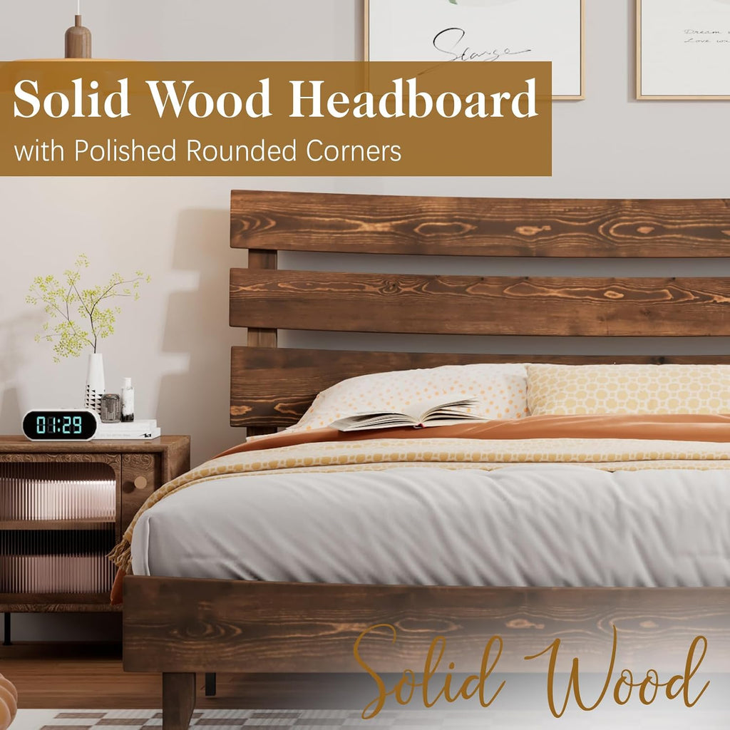 14" Queen Size Bed Frame with Headboard, Japanese Style, Chocolate