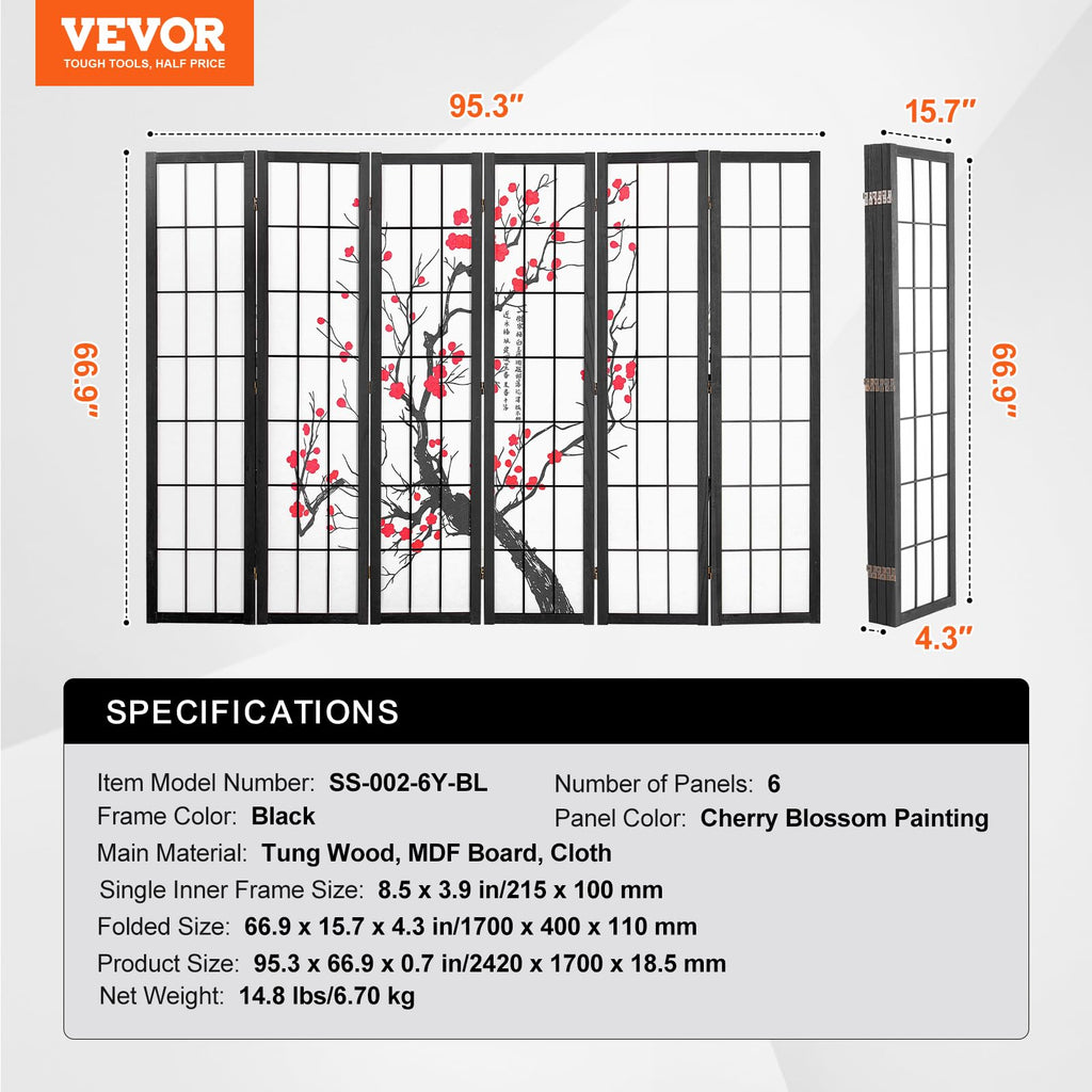 Room Divider, 6 Panel Japanese Room Divider Screen, Wood Folding Privacy Screen Indoor, Japanese Partition Portable