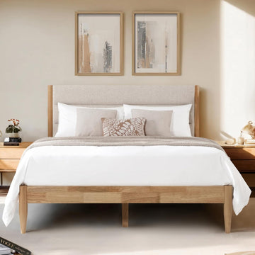 Wood Bed Frame with Upholstered Headboard Wooden Platform with Silent Slat Support Mattress Foundation No Box Spring