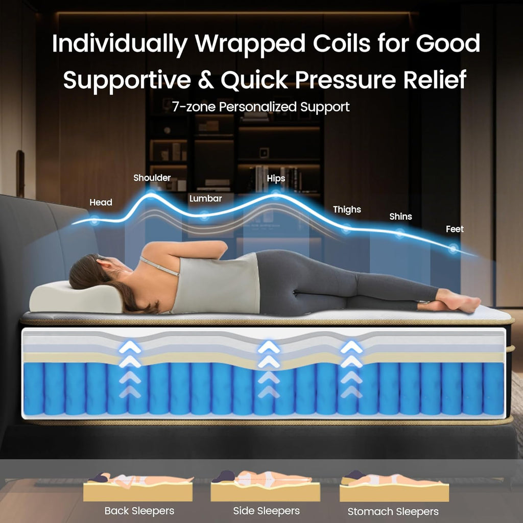 Luxury King Size Mattress 12 Inch, Hotel-Level Hybrid Mattress King Size Bed in a Box, Gel Memory Foam & 7-Zone