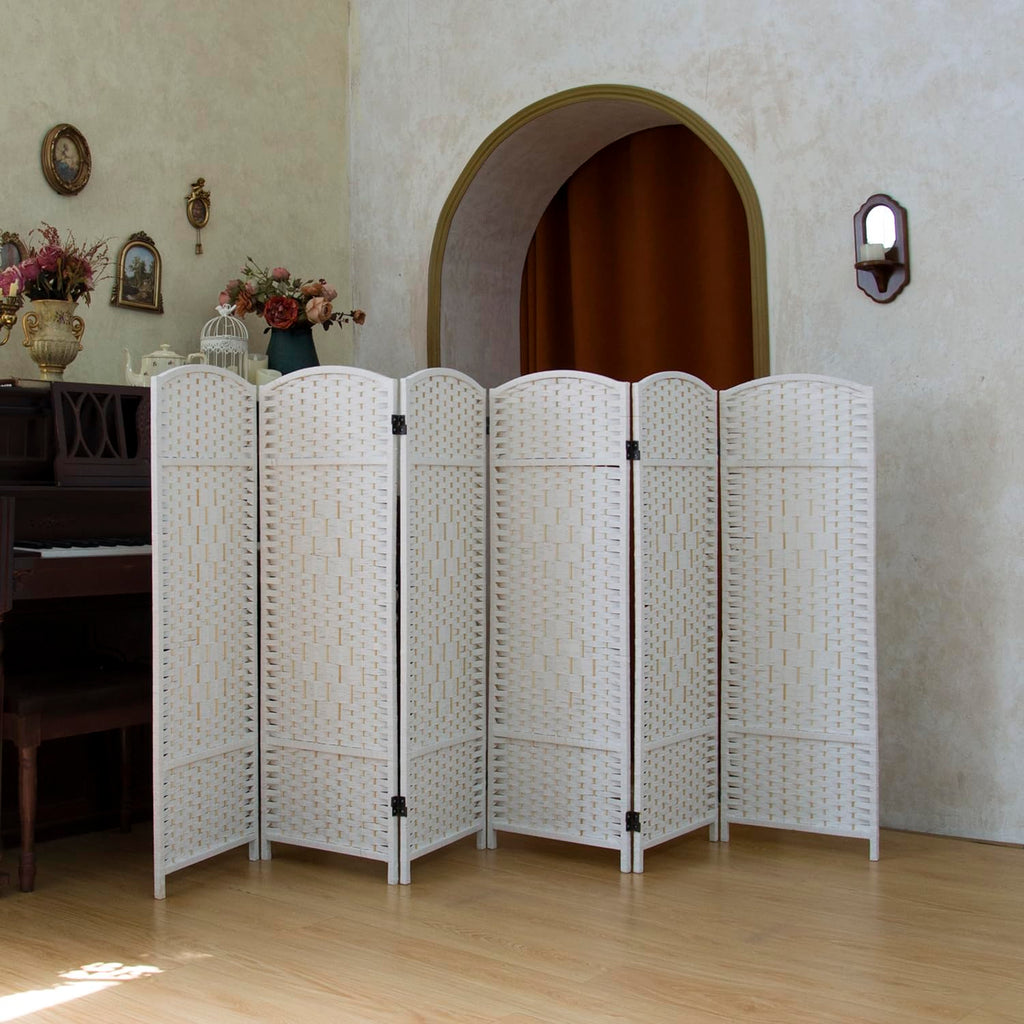 Compact 6 Panel Short Room Divider, 47.2 Inch Tall Double-Sided Rattan Folding Privacy Screen, White