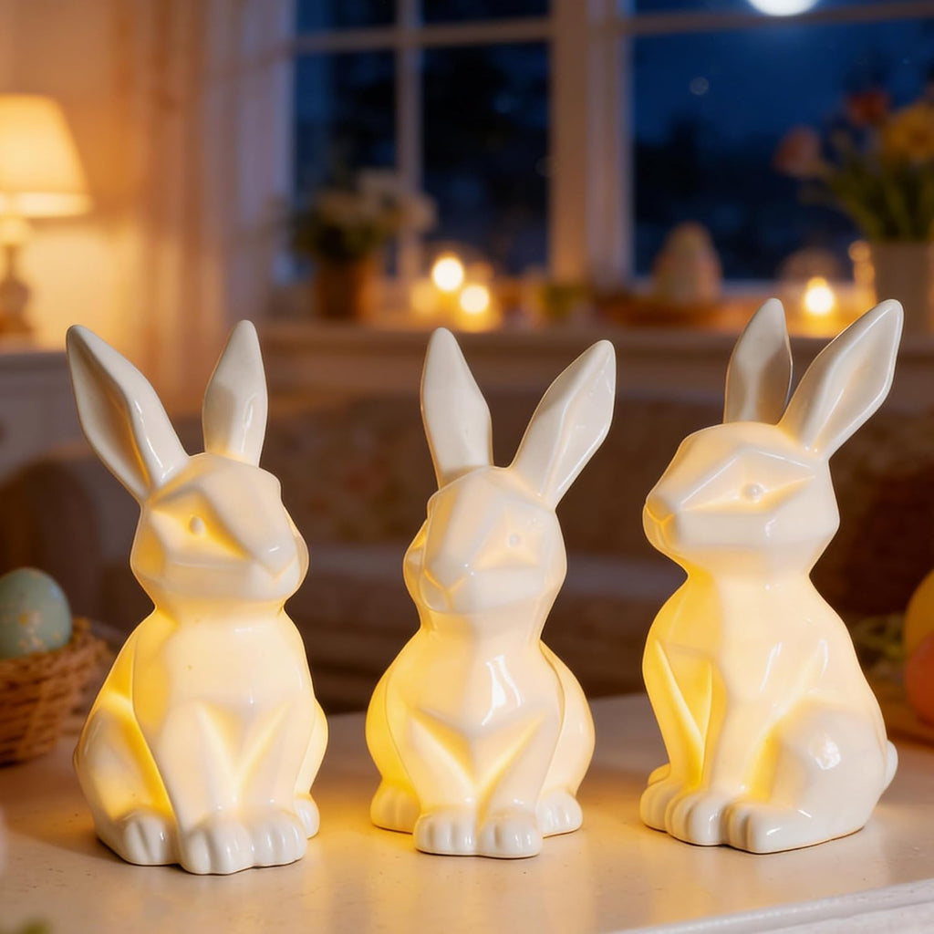Easter Bunny Decorations, Ceramic White Rabbit Statues Ornaments, Lighted Bunny Table Centerpiece for Easter - Set of 3