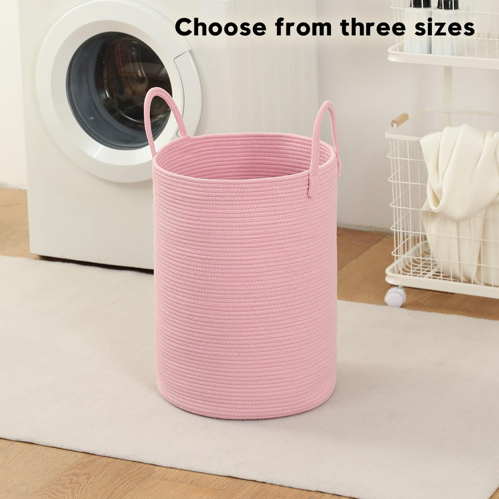 Basket Hamper Tall Rope Storage Woven for Blanket toys Dirty Clothes Bathroom Bedroom (Pink, 80L/21.3Gal)