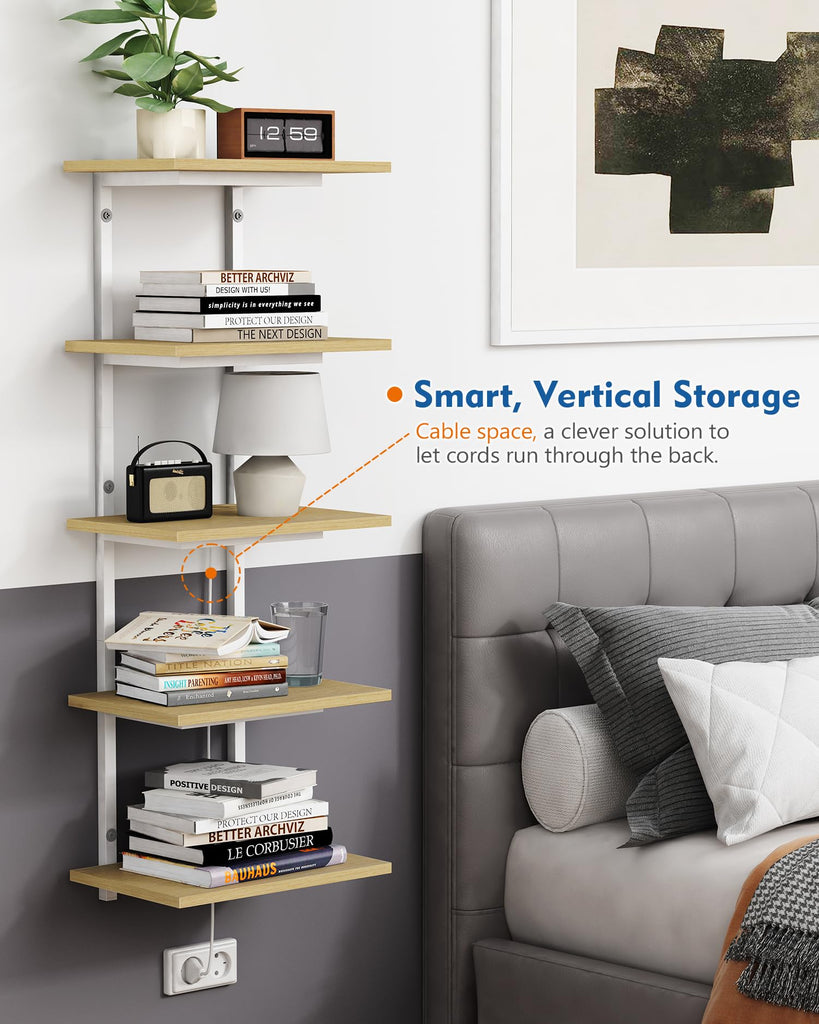 White and Natural Tiered Wall Shelf Unit, 5 Tier Display Floating Shelves, Deep Hanging Wall Shelving Unit Plants TV