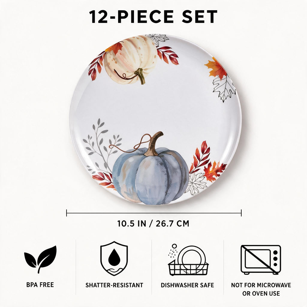 Melamine Dinner Plates, Set of 12, 10.5 Inch Fall Plates, Pumpkin Design