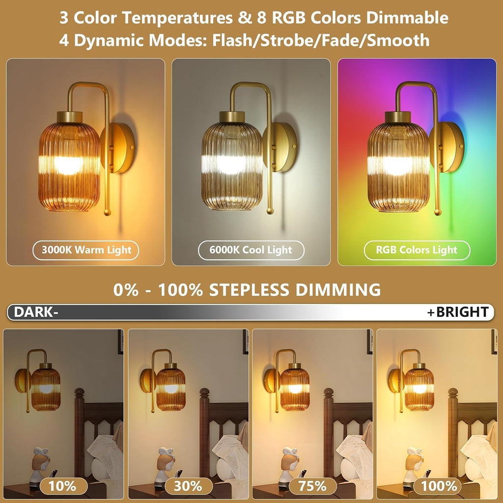 Vintage Gold Wireless Wall Sconces Battery Operated, Rechargeable Wall Lights Set of 2 with Amber Stripe Glass Shade