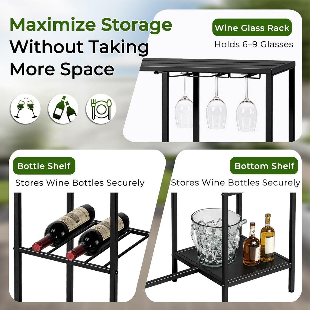 Outdoor Bar Table, 43.3" Metal Bar Counter with Wine Glass Rack