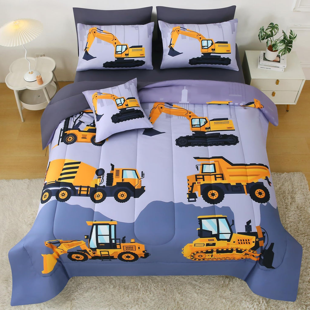 Construction Twin Bedding Sets for Boys Kids,6 Piece Bed in A Bag 3D Cartoon Car Excavator Tractor Comforter Set with