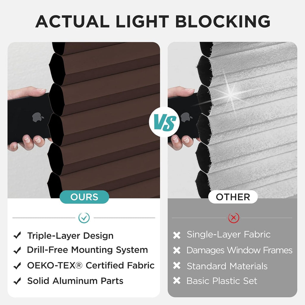 No Drill Blackout Cellular Shades, Brown, 22" W x 64" H | Cordless Top Down Bottom Up Blinds, No Drill Installation