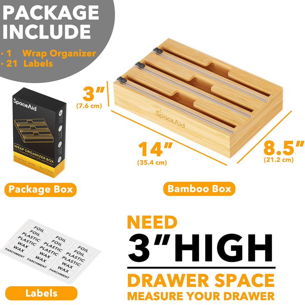 WrapNeat 3 in 1 Wrap Organizer with Cutter and Labels, Plastic Wrap, Aluminum Foil and Wax Bamboo Dispenser Storage