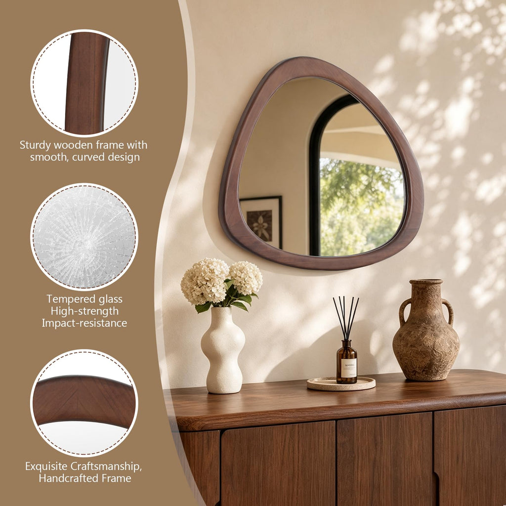23" H x 19" W Asymmetrical Mirror, Irregular Wall Mirror, Wood Mirror, Hall - Dark Walnut