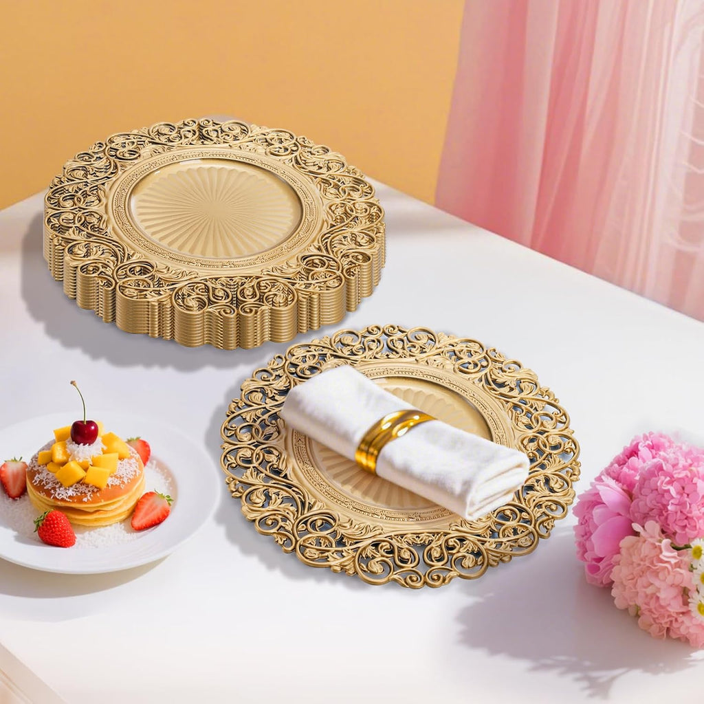 Gold Charger Plates, 13" Round Plastic Dinner Chargers, Decorative Hollowed Out Flowers Serving Plates - Set of 12