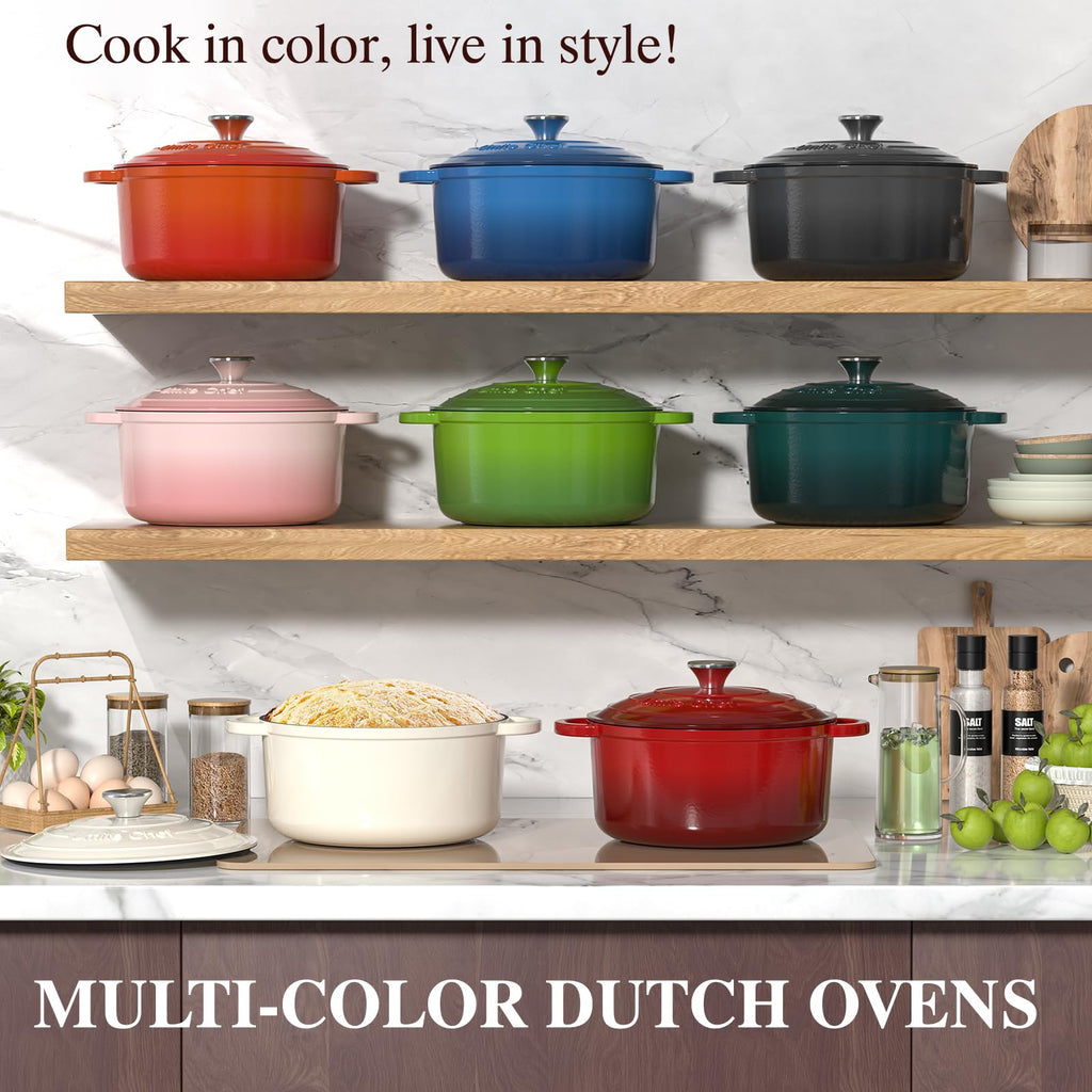 Enameled Cast Iron Dutch Oven - 5QT Pot with Lid & Cotton Potholders - Heavy-Duty Cookware for Bread Baking
