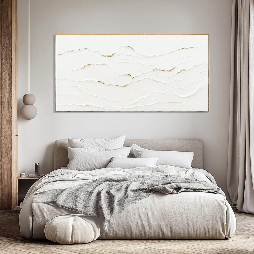 Minimalist White and Gold Line Artwork with Frame Hand Painted Abstract Canvas Wave Wall Art Living Room Office