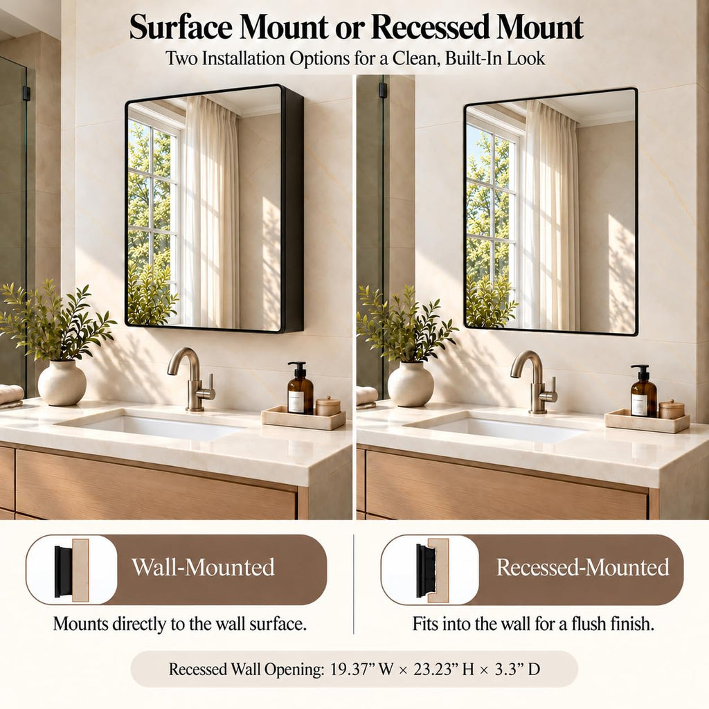 16x24 Medicine Cabinet with Mirror, Recessed/Surface Mount