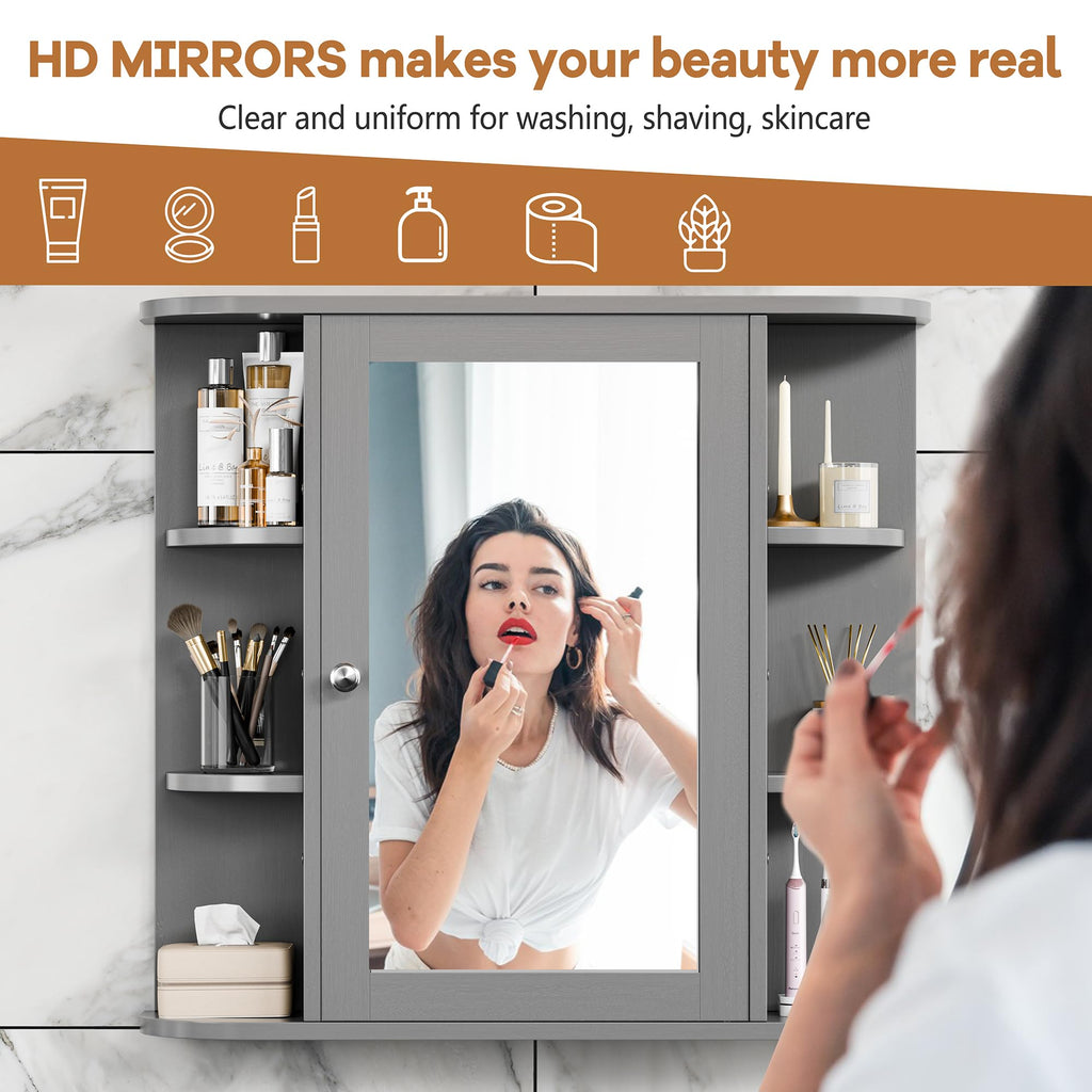Bathroom Mirror Cabinet Wall Mounted, Medicine Cabinet with Mirror and 6 Open Shelves, Modern Bathroom Wall Cabinets