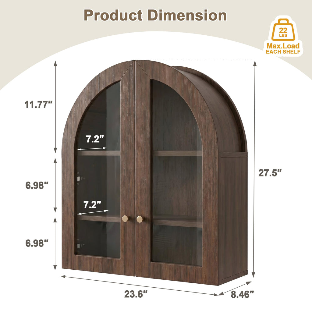 Arched Wall Cabinet, Bathroom Cabinet Wall Mount with Glass Doors & Adjustable Shelf, Floating Medicine Cabinet