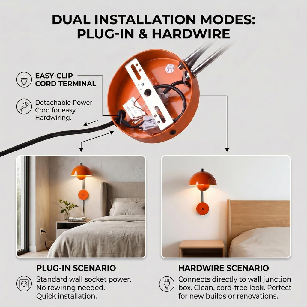 Mid-Century Modern Bud Plug in Wall Sconces, Pastel Orange