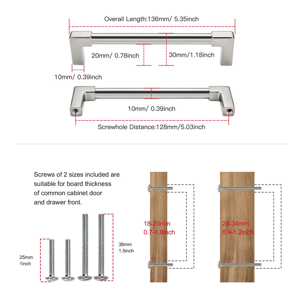 10 Pack Classic Solid Cabinet Handles-5"/128mm Screw Spacing Polished Nickel Furniture Hardware Handles Dresser