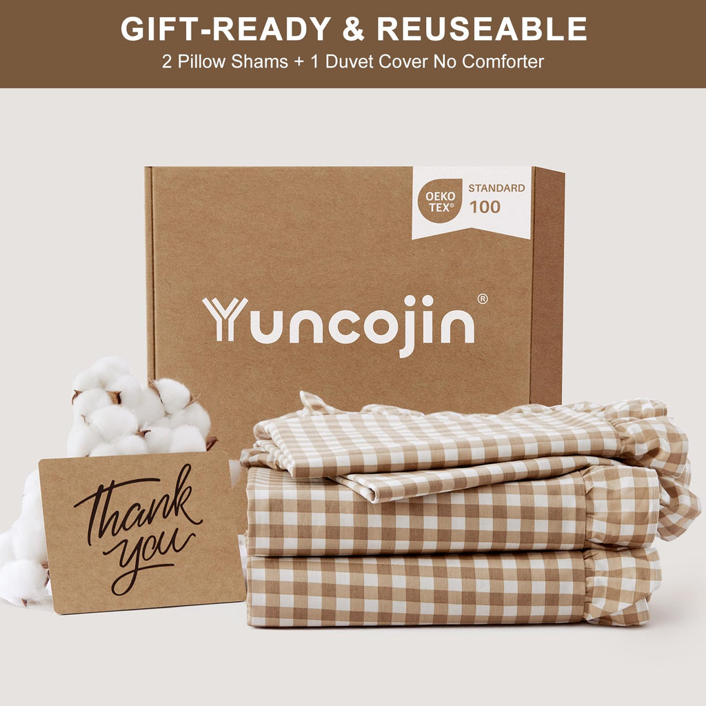 Ruffle Gingham Duvet Cover Brown/White, 100% Cotton