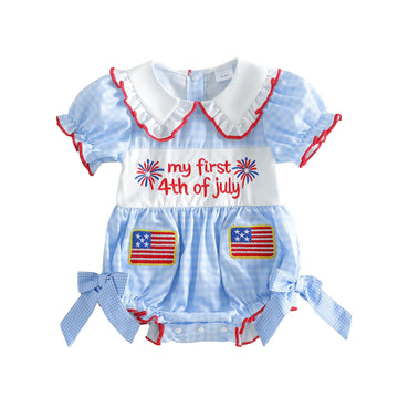 Baby Girl 4th of July Outfit Short Sleeve Memorial Day Romper Plaid Bodysuit Cute Baby Girl Fourth of July